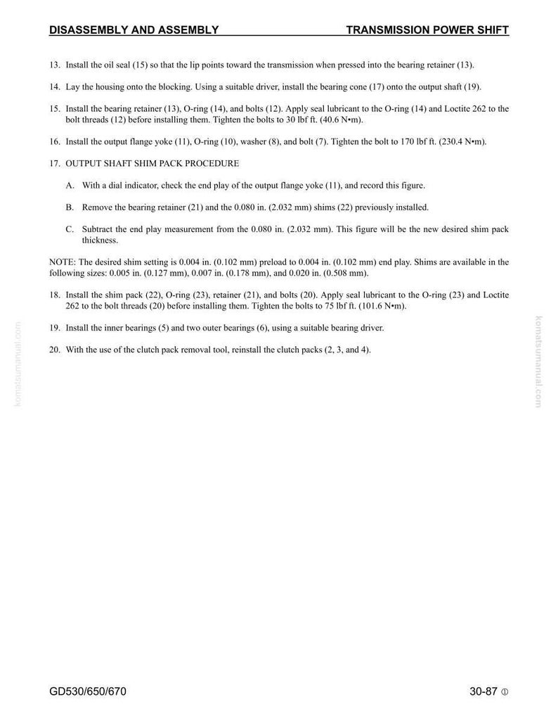 May include: A page from a manual detailing the disassembly and assembly of a transmission power shift system. Instructions include installing seals, retainers, and bearings, with torque specifications in lbf ft. and Nm. The text is in black on a white background.