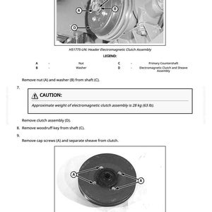 May include: Diagram of an electromagnetic clutch assembly with labels for components like the nut, washer, and cap screws. The text indicates the assembly weighs approximately 63 lb. The image is a technical illustration.