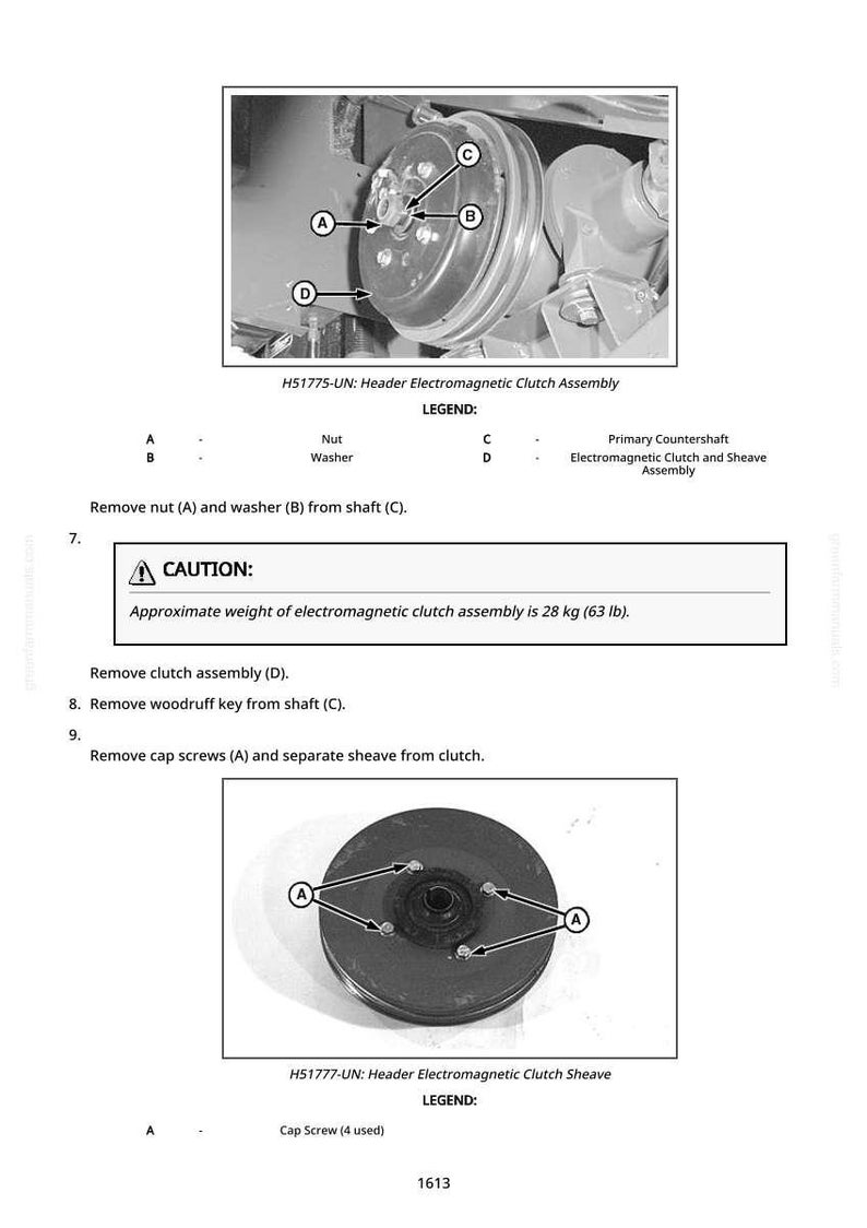 May include: Diagram of an electromagnetic clutch assembly with labels for components like the nut, washer, and cap screws. The text indicates the assembly weighs approximately 63 lb. The image is a technical illustration.