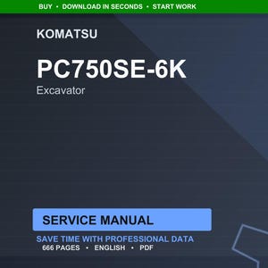 Op de afbeelding: Een digitale servicehandleiding voor een Komatsu PC750SE-6K graafmachine. De afbeelding toont het Komatsu-logo, het modelnummer en het woord "Graafmachine". De handleiding is gelabeld "Servicehandleiding" en bevat 666 pagina's.