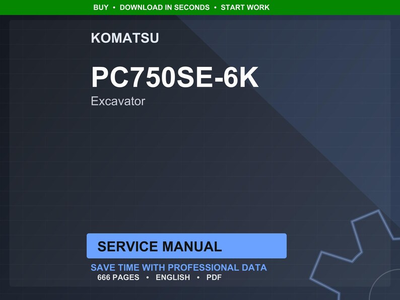 Op de afbeelding: Een digitale servicehandleiding voor een Komatsu PC750SE-6K graafmachine. De afbeelding toont het Komatsu-logo, het modelnummer en het woord "Graafmachine". De handleiding is gelabeld "Servicehandleiding" en bevat 666 pagina's.