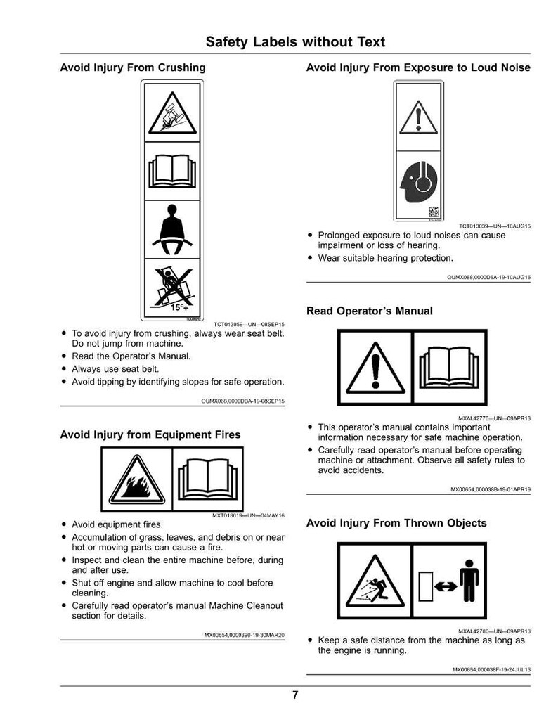 May include: A safety information sheet with black and white diagrams and text. The sheet warns against crushing injuries, loud noise exposure, equipment fires, and thrown objects. It also advises reading the operator's manual for safety.