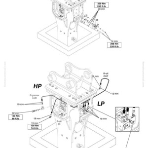 May include: Technical diagram of a Komatsu machine component, featuring detailed schematics with measurements in millimeters and foot-pounds. The diagram includes labels such as "HP", "LP", and "P-oil IN", along with various connection points and specifications.