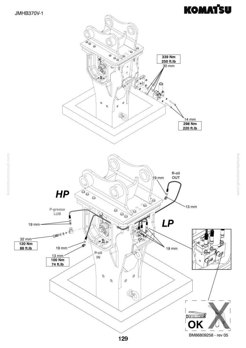 May include: Technical diagram of a Komatsu machine component, featuring detailed schematics with measurements in millimeters and foot-pounds. The diagram includes labels such as "HP", "LP", and "P-oil IN", along with various connection points and specifications.