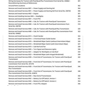 Pode incluir: Uma p&aacute;gina detalhada de um manual, listando os procedimentos de reparo de tratores. O texto inclui instru&ccedil;&otilde;es para chicotes el&eacute;tricos, far&oacute;is e outros componentes. O n&uacute;mero da p&aacute;gina &eacute; 7.