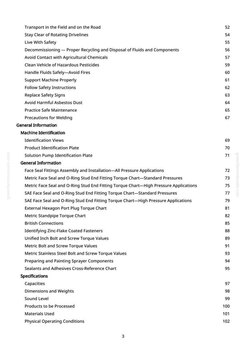 May include: A page from a manual with a table of contents. The text includes safety instructions, machine identification, and specifications. The page number is 3.