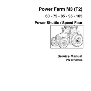 May include: A service manual for the Power Farm M3 (T2) tractor. The manual includes specifications for models 60, 75, 85, 95, and 105, with Power Shuttle and Speed Four options. The image shows a line drawing of the tractor.