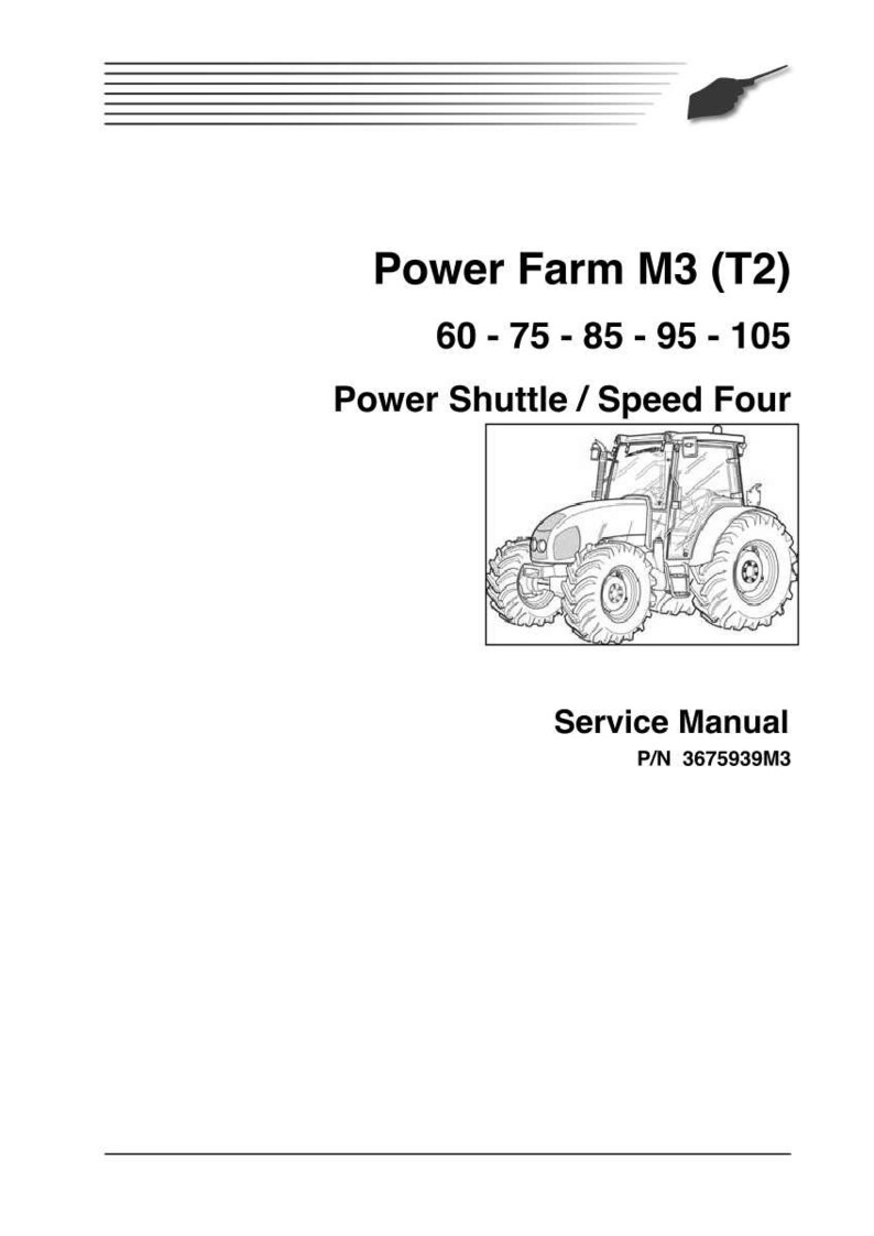 May include: A service manual for the Power Farm M3 (T2) tractor. The manual includes specifications for models 60, 75, 85, 95, and 105, with Power Shuttle and Speed Four options. The image shows a line drawing of the tractor.