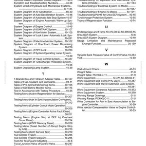 K&ouml;nnte beinhalten: Eine Seite aus einem Handbuch mit einem Index von Fehlersuche und Systemdiagrammen. Der Text enth&auml;lt Begriffe wie "Motorsteuerung", "Turboladerschutz" und "Arbeitsausr&uuml;stung". Die Seite hat einen wei&szlig;en Hintergrund und schwarzen Text.