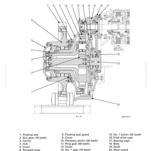 May include: Detailed technical diagram of a final drive assembly, labeled with various components such as gears, seals, and a bearing cage. The diagram is a cross-sectional view, showing the internal structure and function of the machinery.