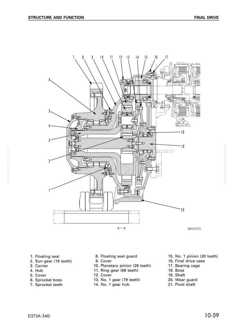 May include: Detailed technical diagram of a final drive assembly, labeled with various components such as gears, seals, and a bearing cage. The diagram is a cross-sectional view, showing the internal structure and function of the machinery.