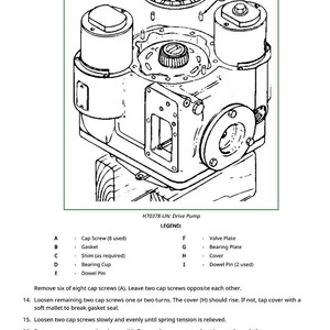 May include: Detailed black and white diagram of a drive pump, labeled with letters and corresponding parts like cap screws, gaskets, and bearing plates. Includes text instructions for disassembly and reassembly.