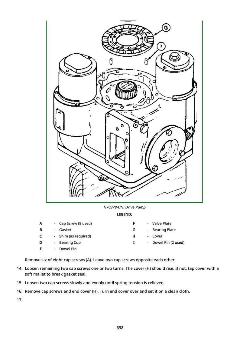 May include: Detailed black and white diagram of a drive pump, labeled with letters and corresponding parts like cap screws, gaskets, and bearing plates. Includes text instructions for disassembly and reassembly.