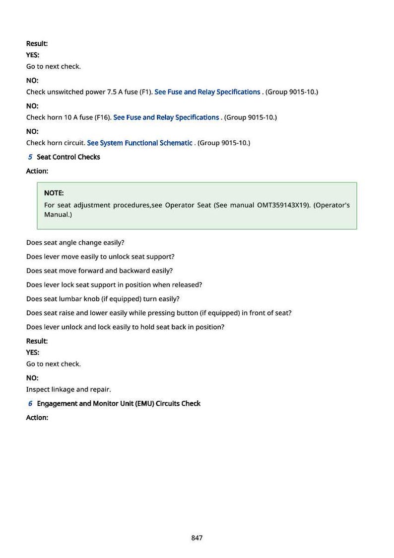 May include: A white document with black text detailing automotive seat control checks. The document includes instructions, results, and notes for seat adjustment procedures. The page number 847 is at the bottom.