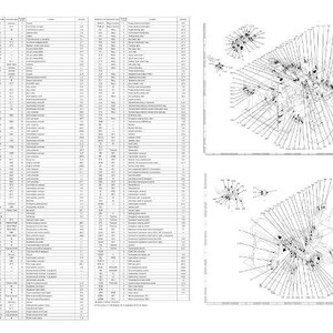 May include: A detailed architectural drawing with multiple sections. The left side features a long list of text and numbers. The right side displays several isometric views of a building with radiating lines.