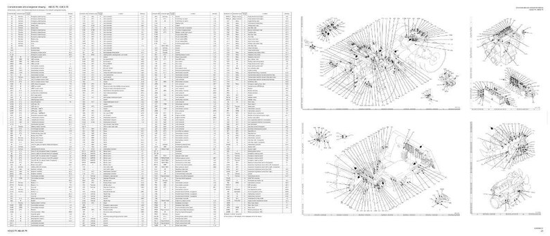 May include: A detailed architectural drawing with multiple sections. The left side features a long list of text and numbers. The right side displays several isometric views of a building with radiating lines.