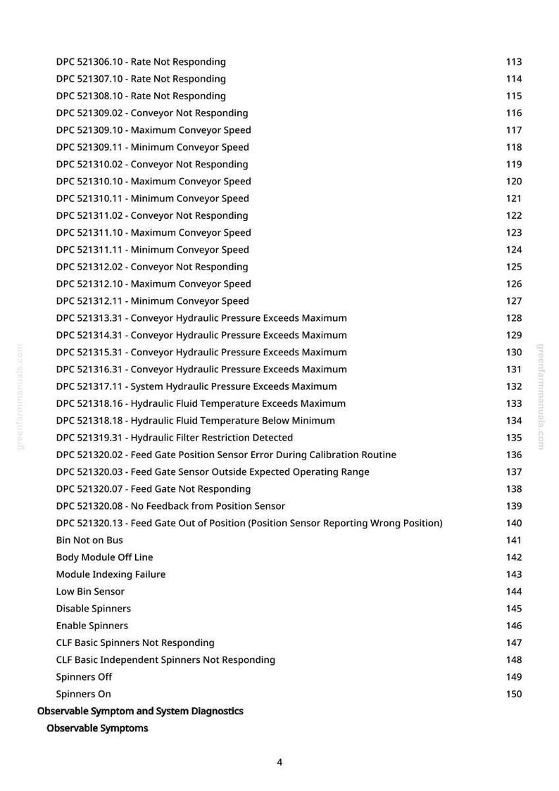 May include: A white page with a list of system diagnostics and error codes, including "Rate Not Responding," "Conveyor Not Responding," and "Hydraulic Pressure Exceeds Maximum." The page also includes a website address and page numbers.