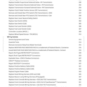 May include: A detailed list of replacement parts and wiring harness components for machinery, including switches, sensors, and connectors. The text is organized with item names and corresponding page numbers.