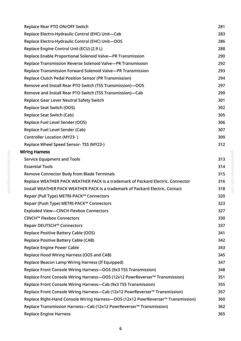 May include: A detailed list of replacement parts and wiring harness components for machinery, including switches, sensors, and connectors. The text is organized with item names and corresponding page numbers.