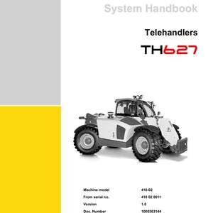 Op de afbeelding: Een witte en grijze verreiker, model TH627, met grote zwarte banden, wordt getoond op een witte achtergrond. De afbeelding komt uit een systeemhandboek, met het Wacker Neuson logo en tekst. Het machinemodel is 418-02.