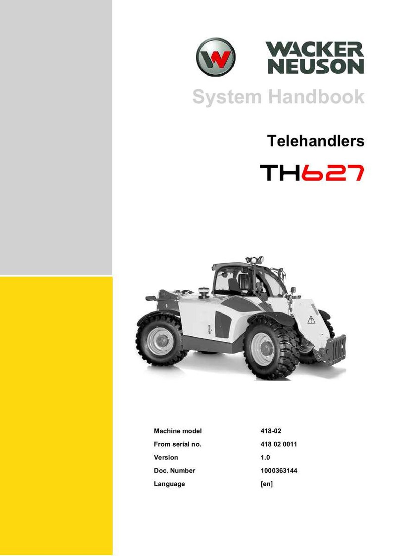 Op de afbeelding: Een witte en grijze verreiker, model TH627, met grote zwarte banden, wordt getoond op een witte achtergrond. De afbeelding komt uit een systeemhandboek, met het Wacker Neuson logo en tekst. Het machinemodel is 418-02.