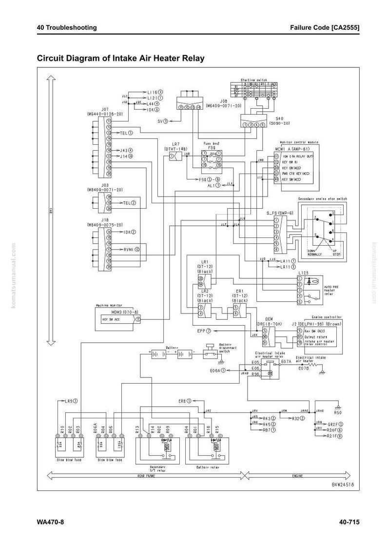 May include: A detailed circuit diagram of an intake air heater relay, with text labels and component symbols. The diagram includes various electrical components, wiring, and connection points, with a failure code [CA2555] displayed at the top.