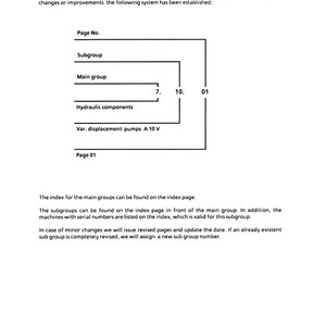 May include: Diagram with text explaining a system for finding information, removing, or adding pages. Includes labels for Page No., Subgroup, Main group, Hydraulic components, and Var. displacement pumps A 10 V.