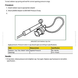 May include: Diagram illustrating a radiator cap pressure test. The image shows the testing equipment and instructions. The applied pressure should be between 83-96 kPa (12-14 psi). The text includes the test procedure.