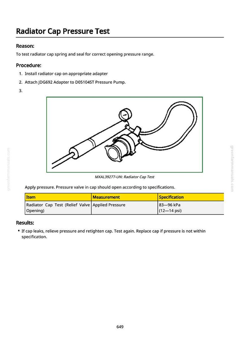 May include: Diagram illustrating a radiator cap pressure test. The image shows the testing equipment and instructions. The applied pressure should be between 83-96 kPa (12-14 psi). The text includes the test procedure.
