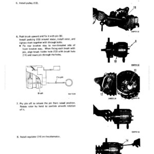 K&ouml;nnte beinhalten: Diagramm zur Demontage und Montage eines elektrischen Systems. Das Bild zeigt Illustrationen verschiedener Komponenten, darunter eine Riemenscheibe, eine B&uuml;rste und ein Regler, mit Etiketten und Nummern. Der Text enth&auml;lt Anweisungen f&uuml;r die Montage.