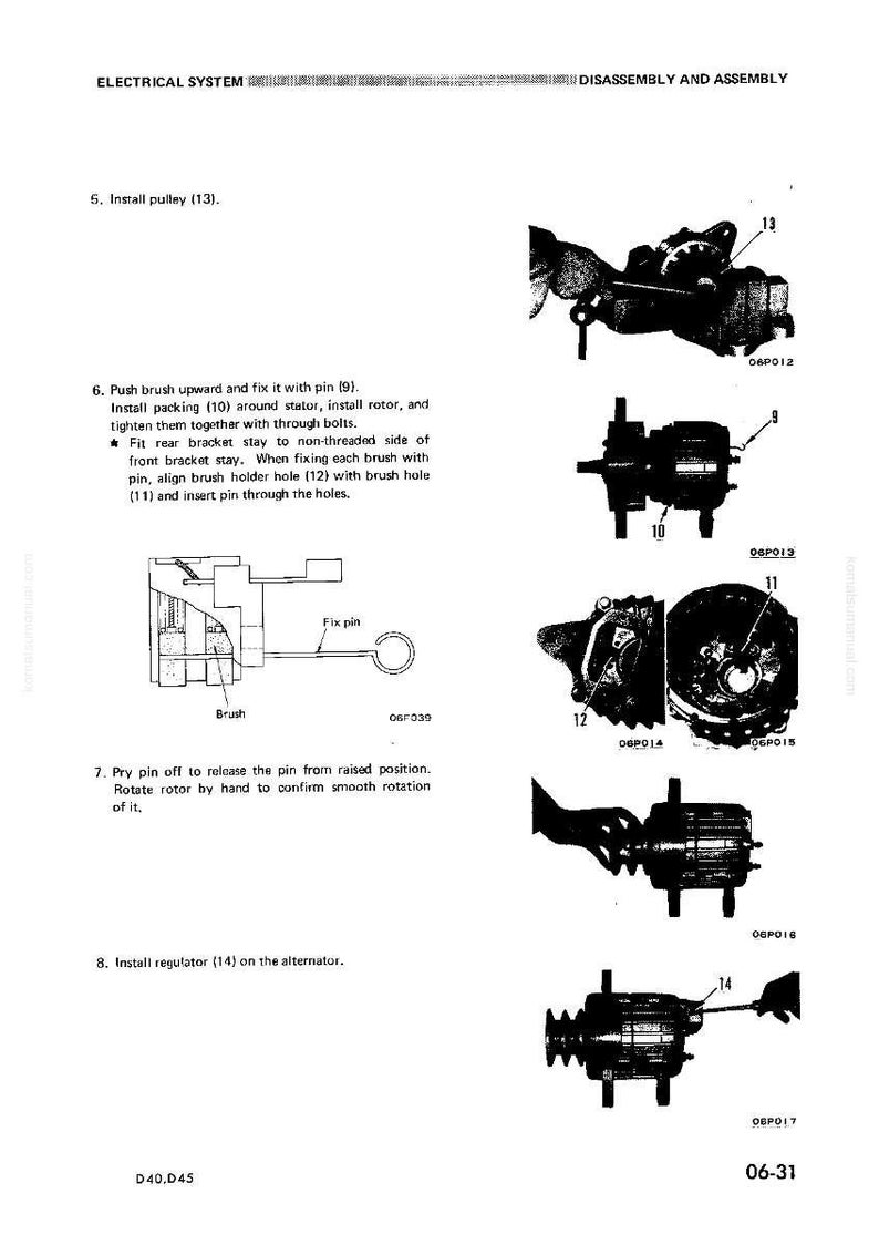 K&ouml;nnte beinhalten: Diagramm zur Demontage und Montage eines elektrischen Systems. Das Bild zeigt Illustrationen verschiedener Komponenten, darunter eine Riemenscheibe, eine B&uuml;rste und ein Regler, mit Etiketten und Nummern. Der Text enth&auml;lt Anweisungen f&uuml;r die Montage.