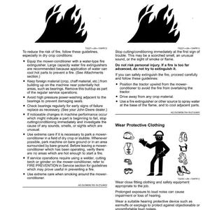 May include: Safety guidelines for fire prevention and in case of fire, with illustrations of flames and a person wearing protective clothing. Text includes instructions for operating equipment safely and wearing appropriate safety gear.