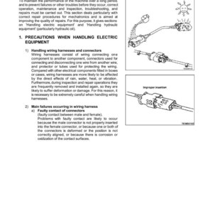 K&ouml;nnte beinhalten: Eine technische Zeichnung mit dem Titel &bdquo;Vorsichtsma&szlig;nahmen bei der Durchf&uuml;hrung von Wartungsarbeiten&ldquo;. Das Bild enth&auml;lt Illustrationen von elektrischen Steckverbindern und Kabelb&auml;umen mit Text, der die richtige Handhabung und m&ouml;gliche Probleme erkl&auml;rt.