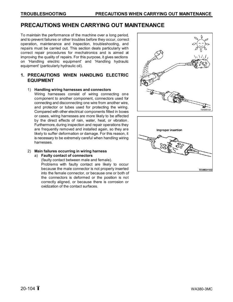 K&ouml;nnte beinhalten: Eine technische Zeichnung mit dem Titel &bdquo;Vorsichtsma&szlig;nahmen bei der Durchf&uuml;hrung von Wartungsarbeiten&ldquo;. Das Bild enth&auml;lt Illustrationen von elektrischen Steckverbindern und Kabelb&auml;umen mit Text, der die richtige Handhabung und m&ouml;gliche Probleme erkl&auml;rt.
