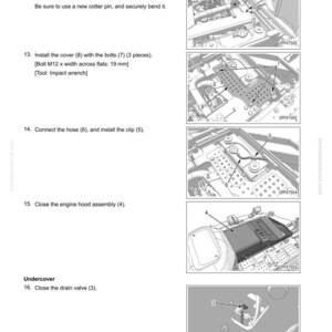 May include: Diagram of a radiator assembly removal and installation process. Includes steps for removing the lock lever, installing the cover with bolts, connecting the hose, and closing the engine hood. The image also shows the drain valve.