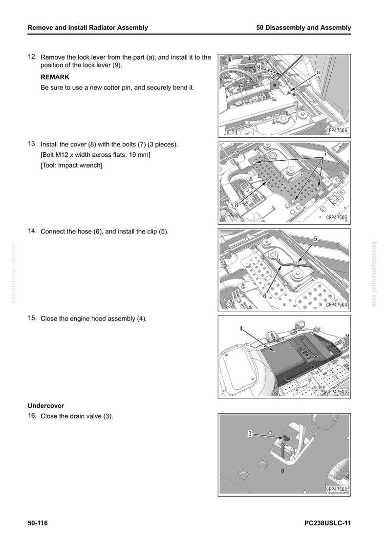 May include: Diagram of a radiator assembly removal and installation process. Includes steps for removing the lock lever, installing the cover with bolts, connecting the hose, and closing the engine hood. The image also shows the drain valve.