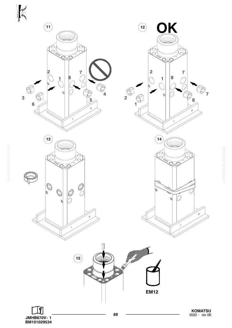 May include: Diagram of mechanical components, including a rectangular base, cylindrical elements, and various small parts. The diagram includes the text "OK" and the Komatsu logo. The image is a technical illustration.