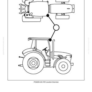 Puede incluir: Dibujo lineal de un tractor, mostrado desde dos perspectivas. La vista superior muestra la estructura superior del tractor, mientras que la vista inferior muestra el perfil lateral. El texto "PY36305-UN: E701 Location Overview" est&aacute; en la parte inferior.