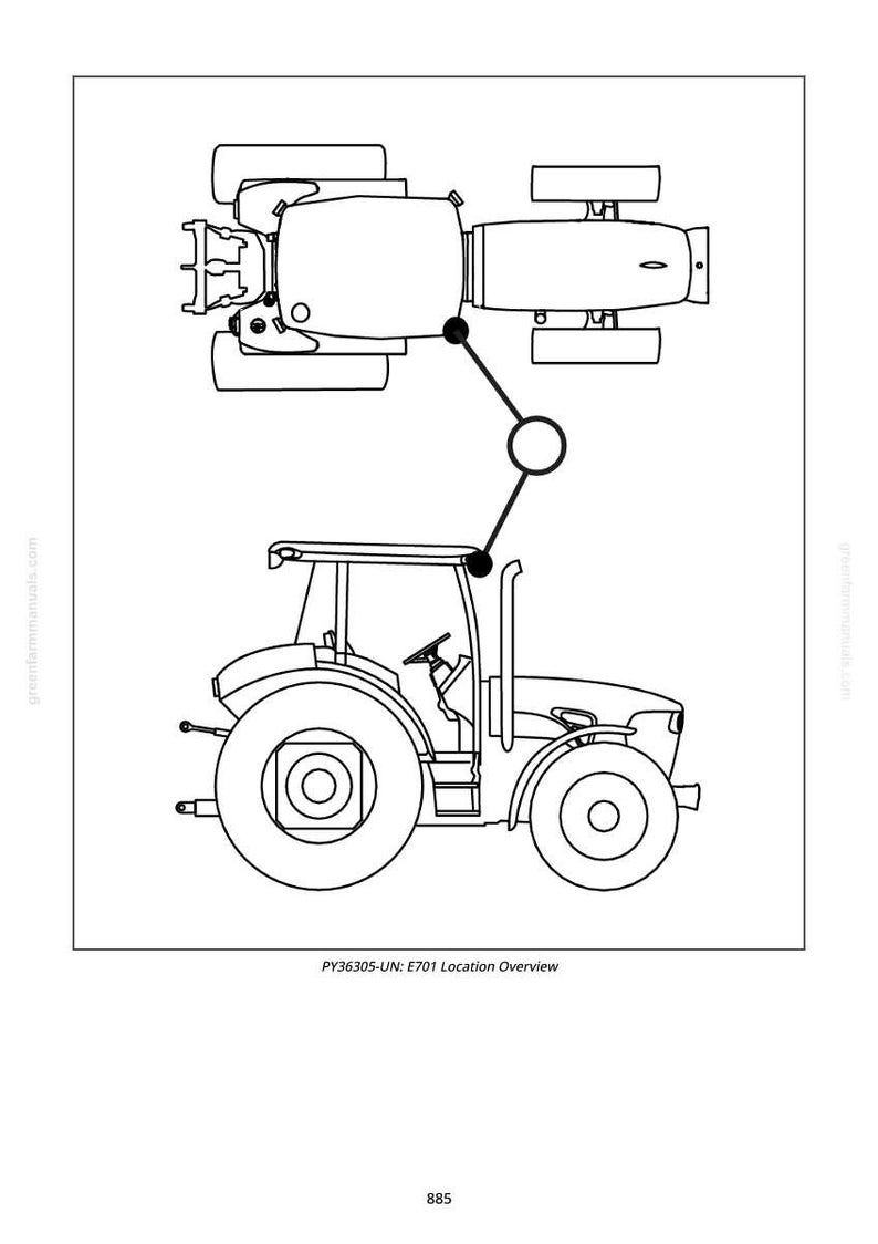 Puede incluir: Dibujo lineal de un tractor, mostrado desde dos perspectivas. La vista superior muestra la estructura superior del tractor, mientras que la vista inferior muestra el perfil lateral. El texto "PY36305-UN: E701 Location Overview" est&aacute; en la parte inferior.