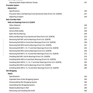 May include: A detailed, black and white technical manual page with a table of contents. The page lists various components and procedures for agricultural machinery, including wheel hubs, bale shape indicators, and net wrapping systems.