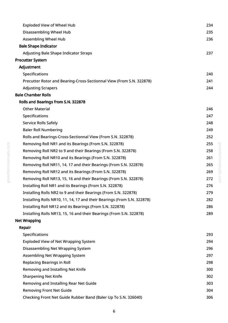 May include: A detailed, black and white technical manual page with a table of contents. The page lists various components and procedures for agricultural machinery, including wheel hubs, bale shape indicators, and net wrapping systems.