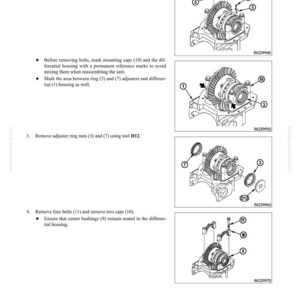 May include: Diagram illustrating front axle overhaul procedures. The image provides step-by-step instructions with diagrams for dismantling and reassembling. Labels identify bolts, nuts, and other parts. Text includes "DISASSEMBLY AND ASSEMBLY" and "FRONT AXLE OVERHAUL PROCEDURES".