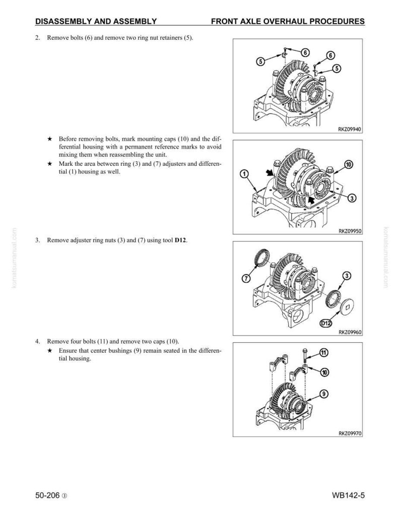 May include: Diagram illustrating front axle overhaul procedures. The image provides step-by-step instructions with diagrams for dismantling and reassembling. Labels identify bolts, nuts, and other parts. Text includes "DISASSEMBLY AND ASSEMBLY" and "FRONT AXLE OVERHAUL PROCEDURES".