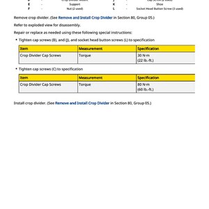 Op de afbeelding: Een witte pagina met een legenda en instructies voor het verwijderen en installeren van een crop divider. De legenda bevat onderdelen zoals cilinderkopschroeven, platen en een schoen. Specificaties omvatten koppelmetingen van 30 N-m (22 lb.-ft.) en 80 N-m (60 lb.-ft.).