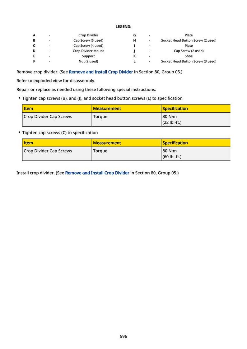 Op de afbeelding: Een witte pagina met een legenda en instructies voor het verwijderen en installeren van een crop divider. De legenda bevat onderdelen zoals cilinderkopschroeven, platen en een schoen. Specificaties omvatten koppelmetingen van 30 N-m (22 lb.-ft.) en 80 N-m (60 lb.-ft.).