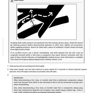 May include: A page from a manual titled "Remove Hydrostatic Pump" with safety instructions and diagrams. The page includes a warning about high-pressure fluids and detailed steps for safe removal, with measurements in inches.