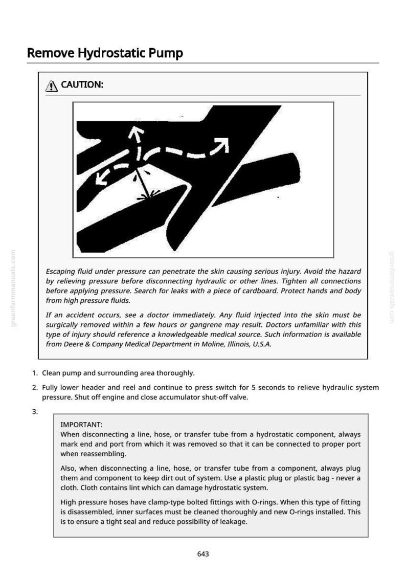 May include: A page from a manual titled "Remove Hydrostatic Pump" with safety instructions and diagrams. The page includes a warning about high-pressure fluids and detailed steps for safe removal, with measurements in inches.