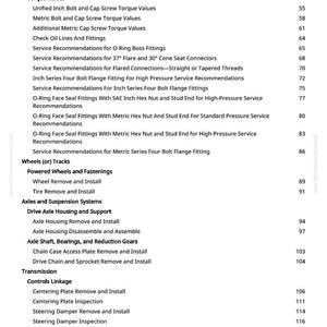 May include: A manual page featuring a table of contents. The text includes headings like "Torque Values", "Axles and Suspension Systems", and "Controls Linkage". Page numbers are displayed on the right.