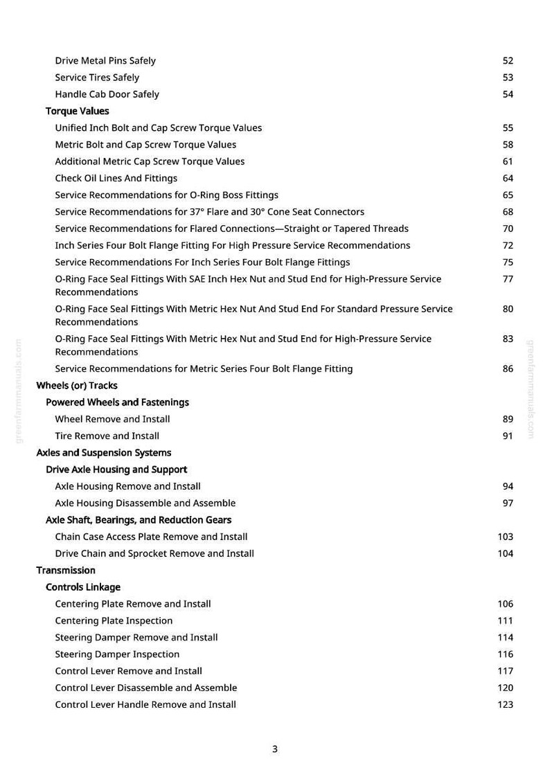 May include: A manual page featuring a table of contents. The text includes headings like "Torque Values", "Axles and Suspension Systems", and "Controls Linkage". Page numbers are displayed on the right.