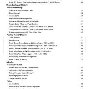K&ouml;nnte beinhalten: Ein detailliertes Inhaltsverzeichnis aus einem greenfarmmanuals.com-Handbuch, das Reparatur- und Wartungsverfahren f&uuml;r landwirtschaftliche Ger&auml;te auflistet. Themen sind R&auml;der, Lager, Hydraulik und Ventile.